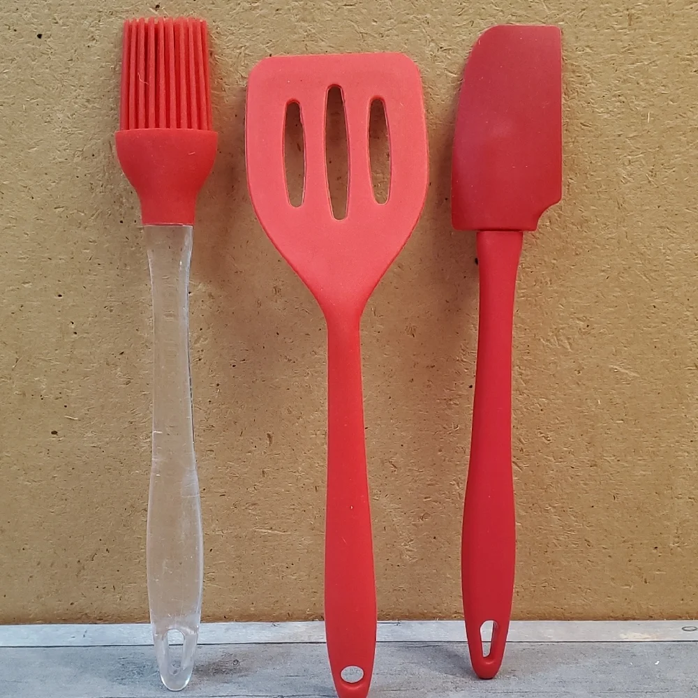 Red Silicone Kitchen Utensil Set - Spatula, Turner, Pastry Brush